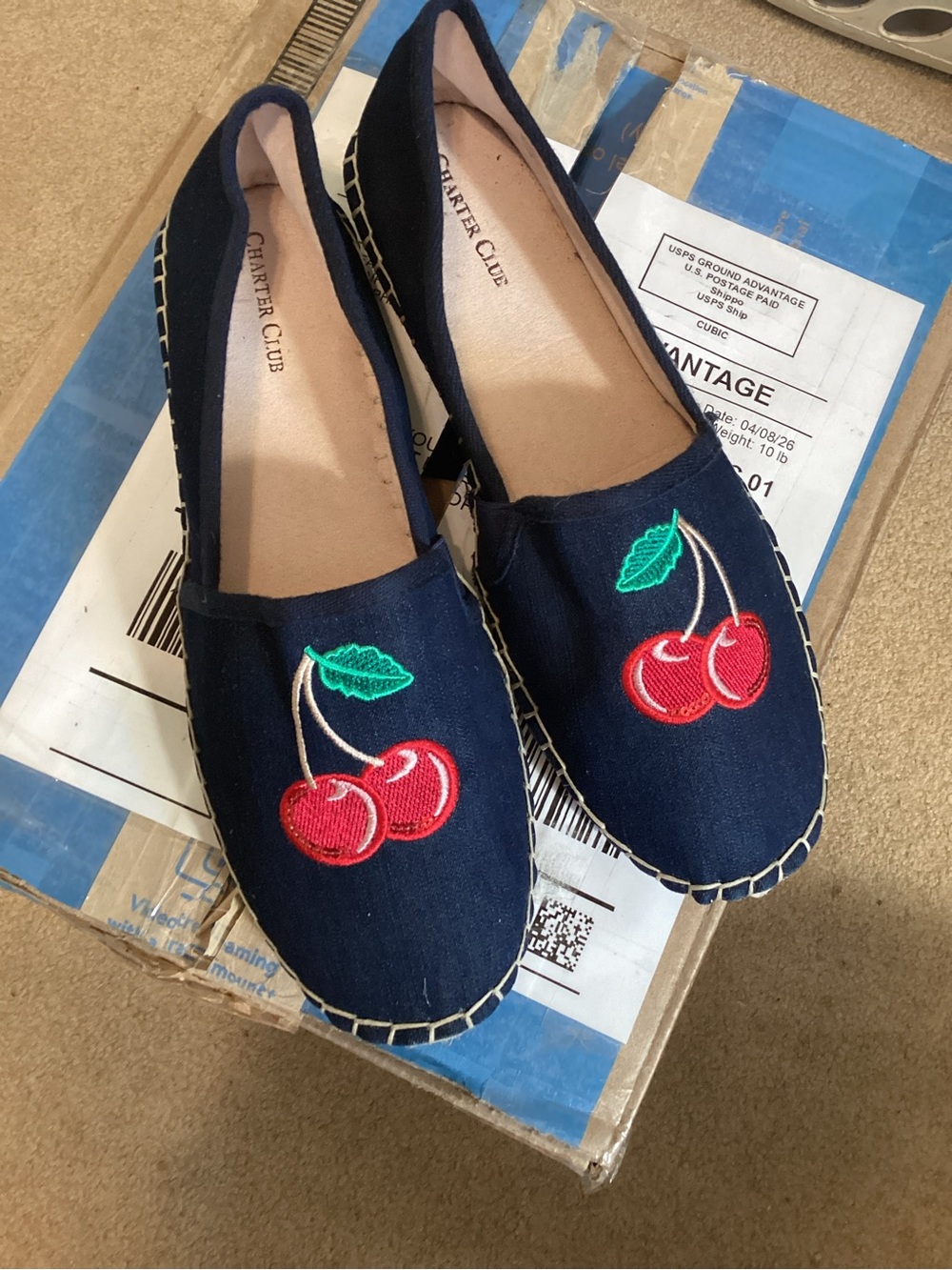 Charter Club Navy Espadrilles with Red Cherry Embroidery